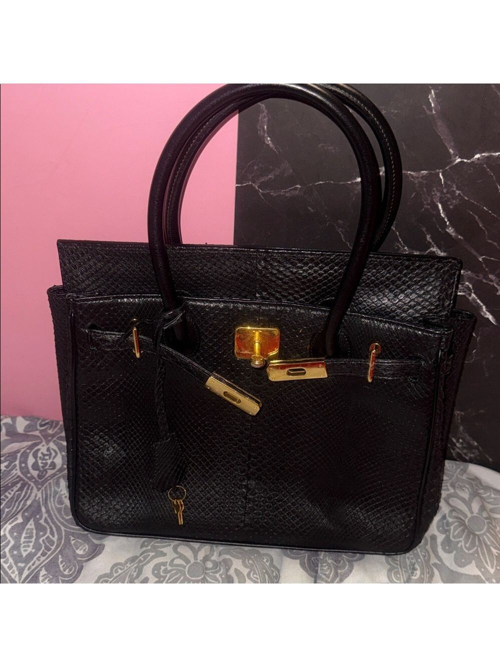 Structured Black Leather Satchel with Gold-Tone Hardware snake skin - Picture 5 of 16